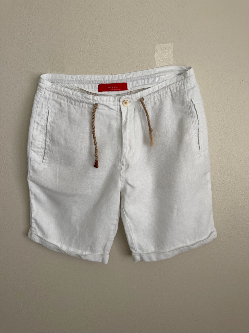 Zara White 100% Linen Drawstring Shorts with Tan Cord